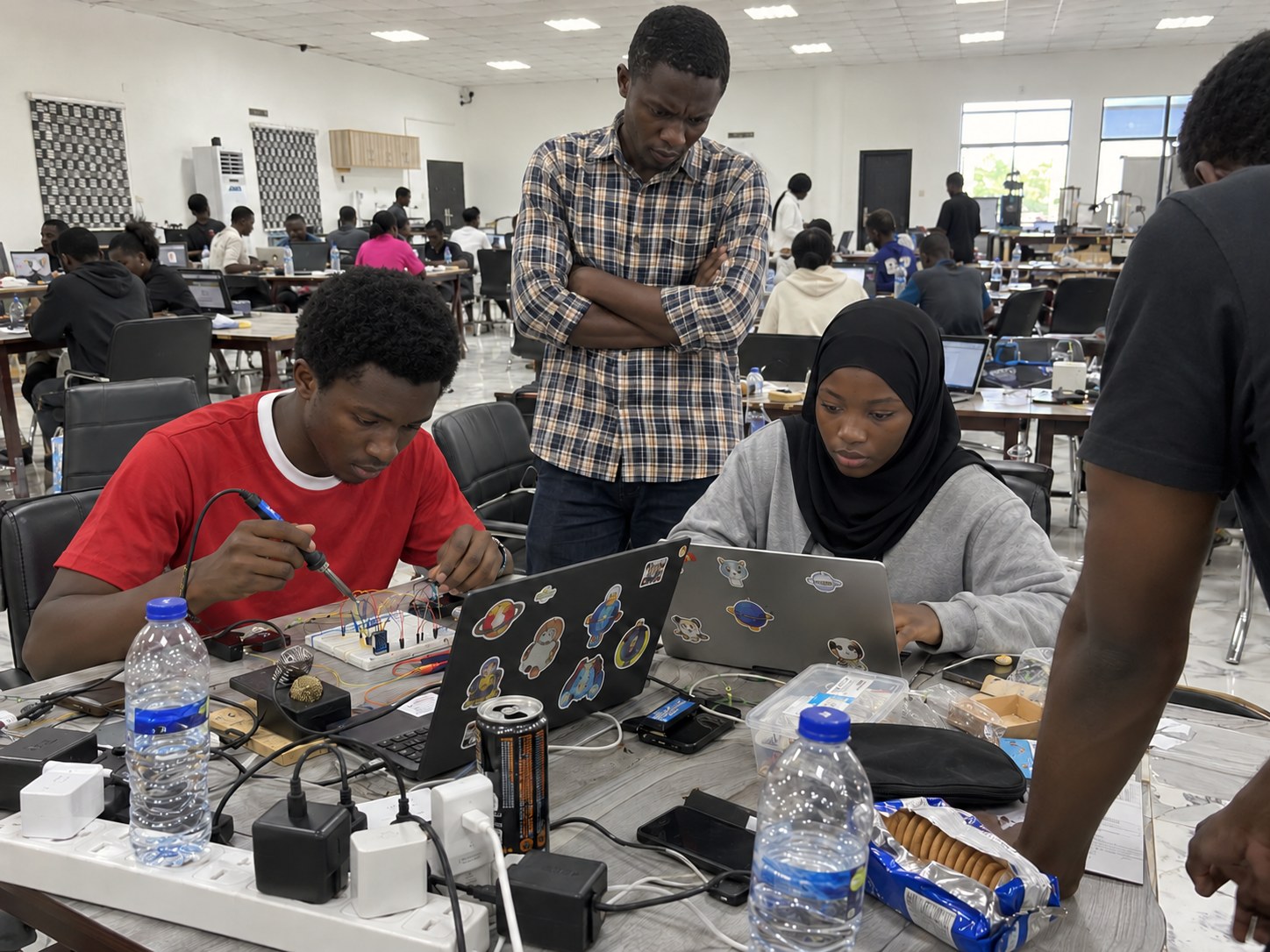 A team soldering and coding at a crowded workroom table