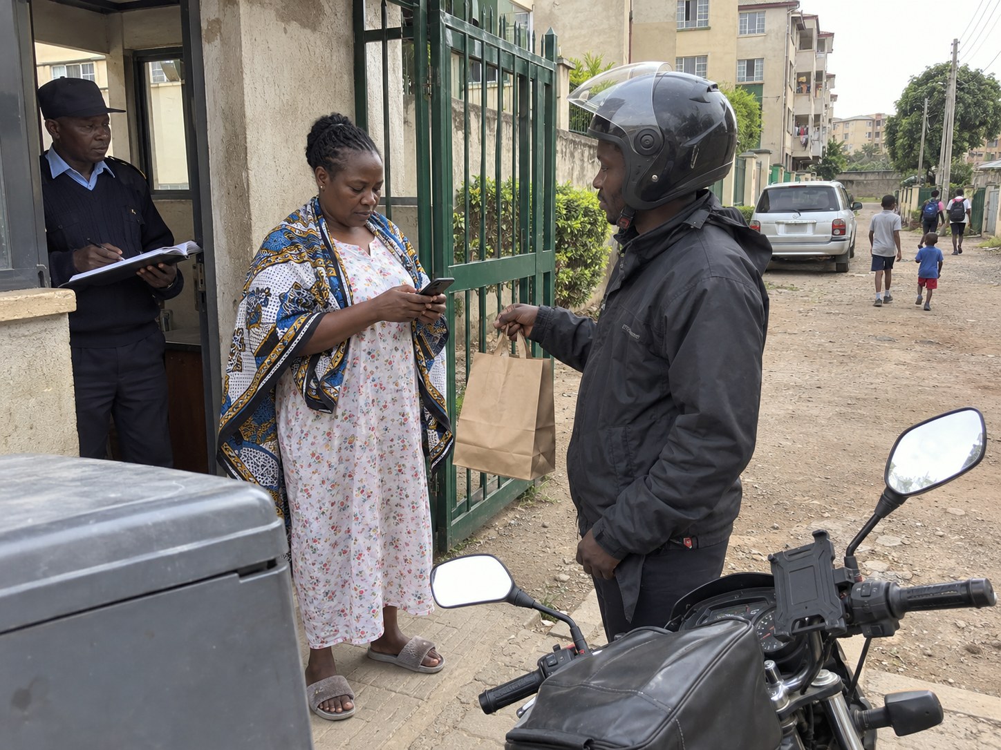 A customer paying a delivery rider by mobile money at her gate